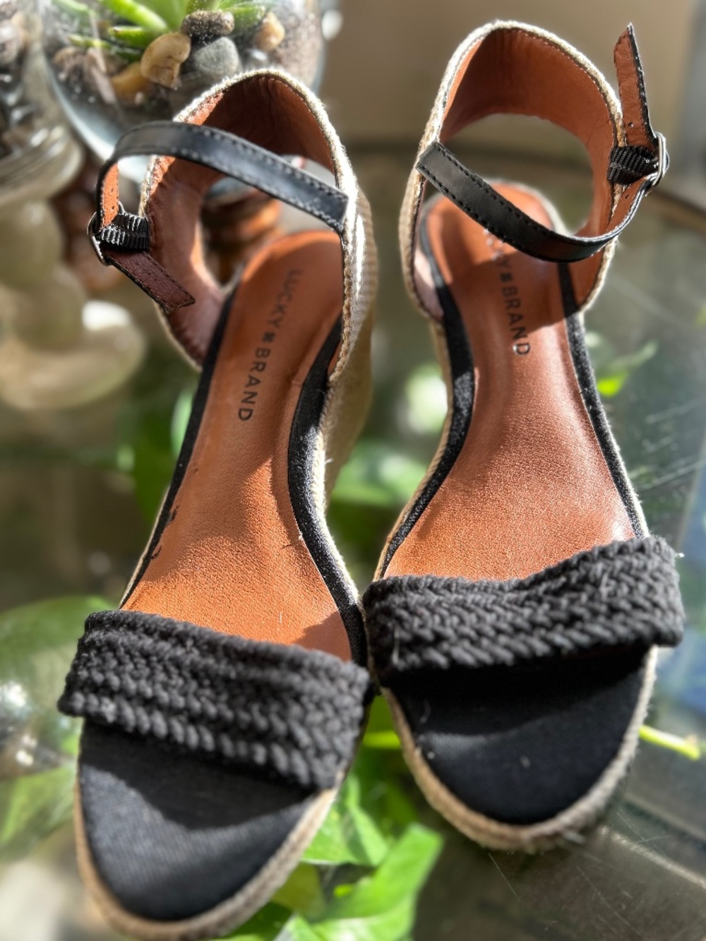 Lucky Brand Women’s Size 7 Black & Beige Espadrille Wedge Sandals Ankle Strap Bu
